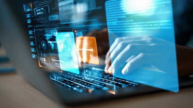 Futuristic Technology Computer Coding and Programming Data Analysis Software Development with Hands Typing in Modern Workspace Innovation