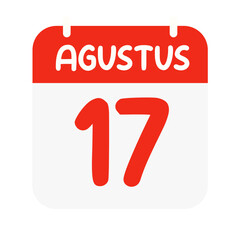 Red and white calendar icon displaying August 17, symbolizing Indonesia’s independence day, perfect for event promotions, holiday reminders, and patriotic designs.
