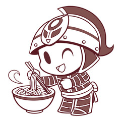 A cute samurai eating a bowl of ramen, japanese culture, traditional cuisine isolated on white background