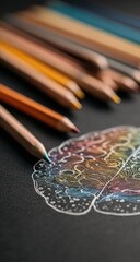 Colored pencils arranged beside a rainbow-shaded brain drawing on dark paper