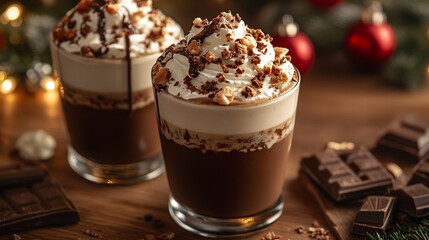 Decadent dessert coffee topped with whipped cream drizzled with white and dark chocolate set on a table with holiday themed decor and festive lights