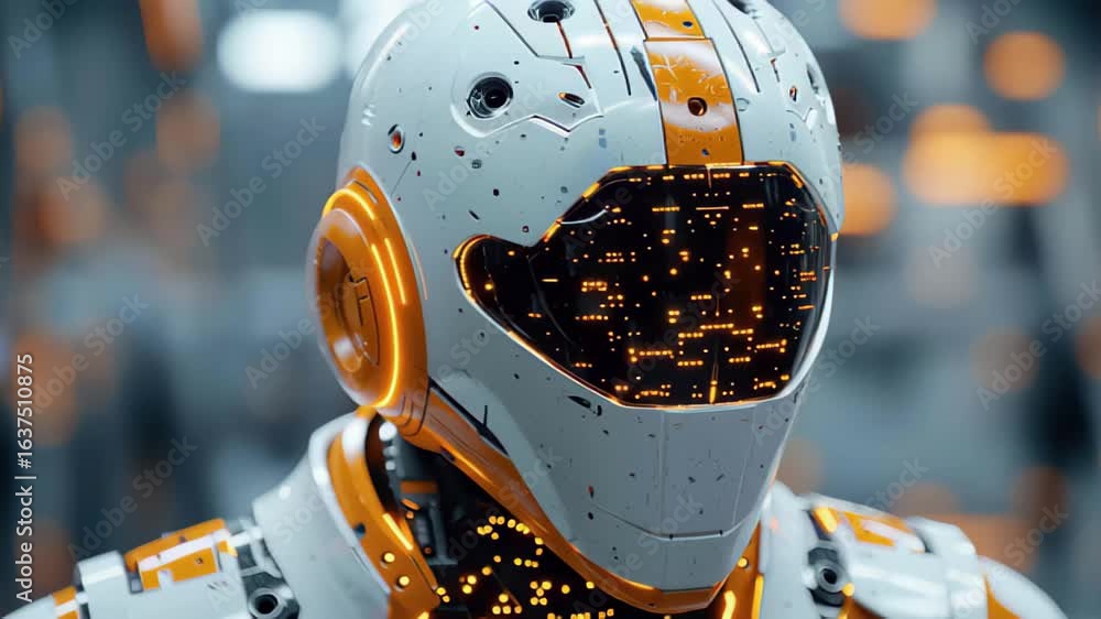 Poster futuristic robot with illuminated design in a high-tech environment