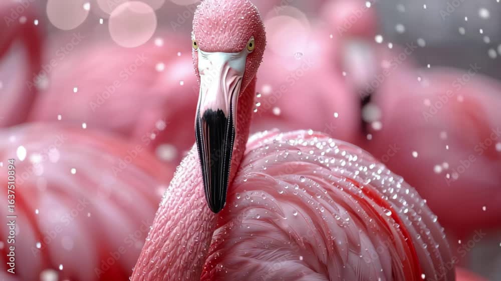 Poster flamingo with intricate feather patterns in a vibrant pink setting during a serene moment of nature