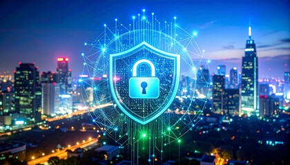 City skyline at night, digital security shield overlay