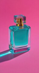 Teal perfume bottle, geometric shape, vibrant pink background