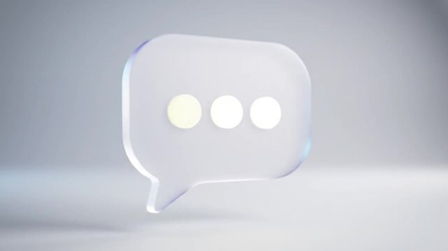 A 3D render of a transparent glass speech bubble with typing ellipsis dots, symbolizing digital communication and online messaging.