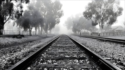 Fototapeta premium Foggy railroad tracks through a treeline.