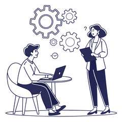 Two colleagues are discussing a project with gears floating above them isolated on white background