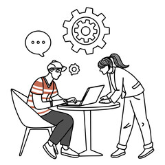 Two colleagues are collaborating on a project using a laptop, discussing ideas and solutions isolated on white background