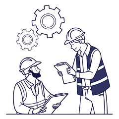 Two construction workers are discussing plans with gears and cogs isolated on white background