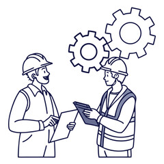 Two construction engineers discussing a project plan with gears isolated on white background