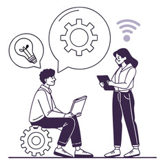 Two people are working on a project with gears, ideas, and wifi isolated on white background