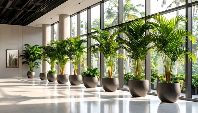 Sunlit lobby with a row of potted palm trees by a wall of windows