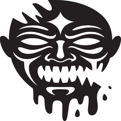 Abstract black and white graphic of a scary face with sharp teeth and dripping paint effect design