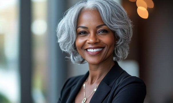 Inclusion and diversity in the workplace. Professional portrait of a happy mature Black businesswoman in a wheelchair with grey hair. Senior disabled female executive, Generative AI