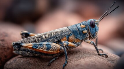 Fototapeta premium Macro of a grasshopper resting on a smooth rock