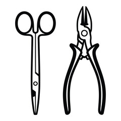 Art of hand tools including scissors and pliers isolated on white background for cutting, gripping, and repairing in various industrial and craft applications