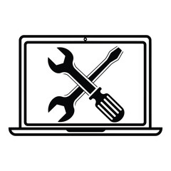 Art of laptop repair service with wrench and screwdriver isolated on white background for technology maintenance and technical support and hardware