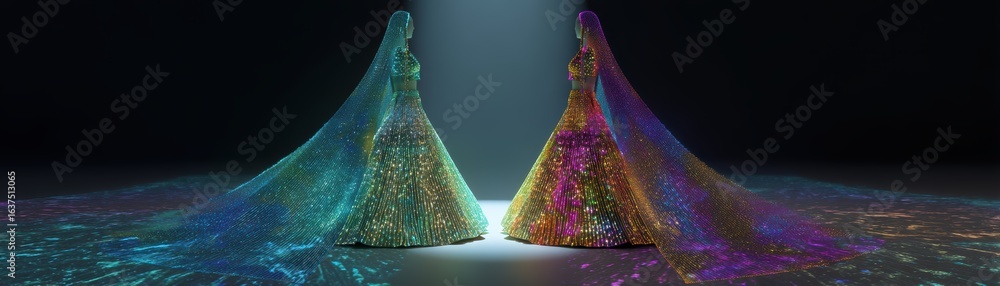 Poster two ethereal figures in colorful, illuminated gowns create a mesmerizing display under a spotlight, 
