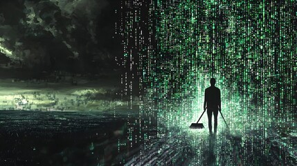 A solitary individual sweeps through a mesmerizing virtual world of glowing green information.
