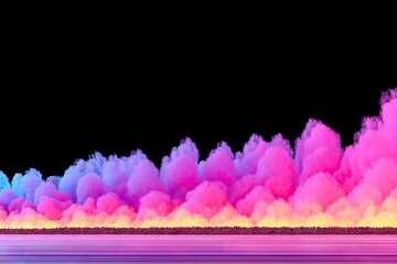 Abstract vibrant cloud formations in pink, purple, and blue hues on a black background, with a horizontal line of light at the base