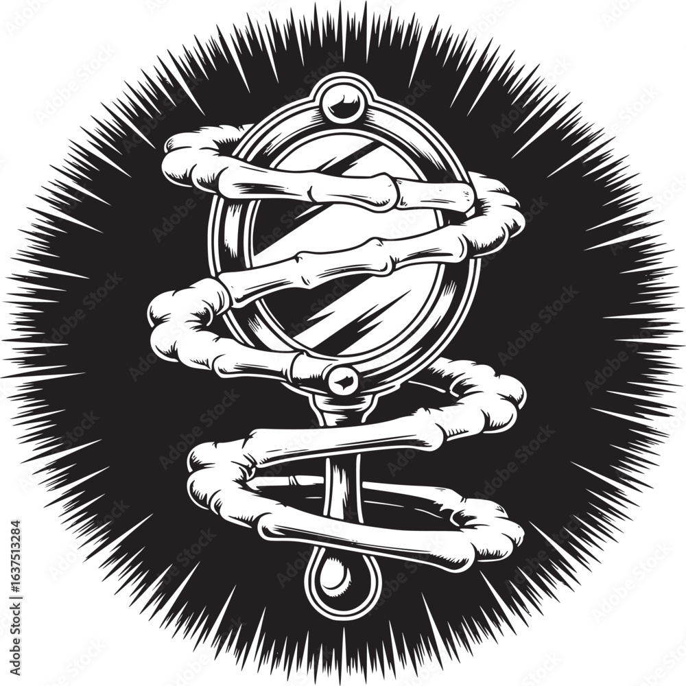 Poster an illustration of a mirror with a bone structure wrapped around it on a black and white background