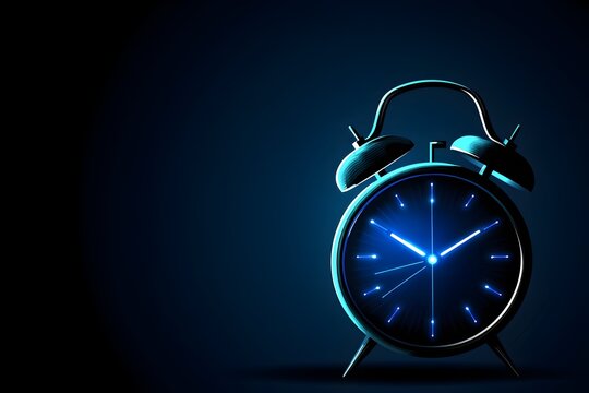 Jam,  alarm jam, A vibrant blue alarm clock face glows intensely against a dark, mysterious background.