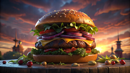 macro shot from burger with vegetable deign, food photography