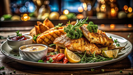 grilled chicken wings with vegetables, food photography
