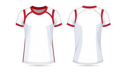 White women's t-shirt design with red trim, shown in front and back views
