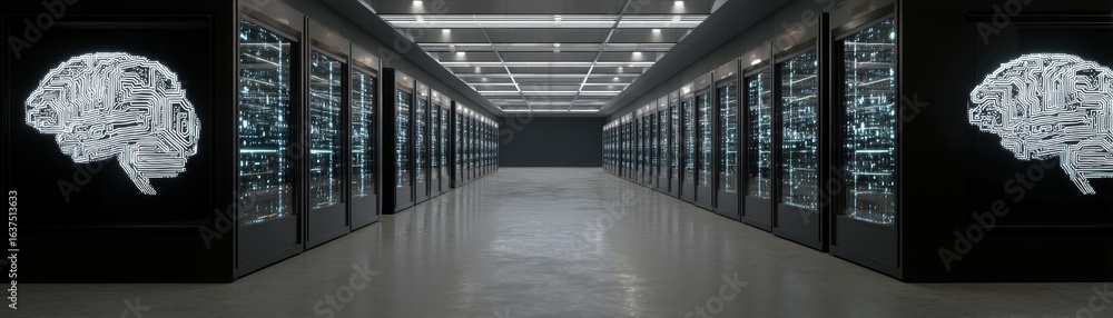 Poster a futuristic data center featuring illuminated brain designs on server racks, emphasizing technology