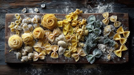 Rustic Wooden Board of Assorted Pasta Shapes