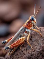 Fototapeta premium Macro of a grasshopper resting on a smooth rock