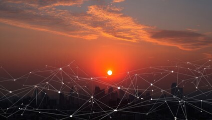 Sunrise cityscape with network overlay