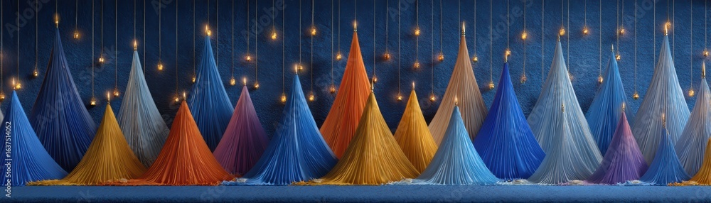 Poster a colorful array of fabric tents hangs against a blue backdrop, illuminated by soft lighting, creati