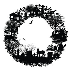 Obraz premium Vector silhouette set of Halloween Funeral Wreath isolated in White background, silhouette Set, Halloween theme, Vector illustration