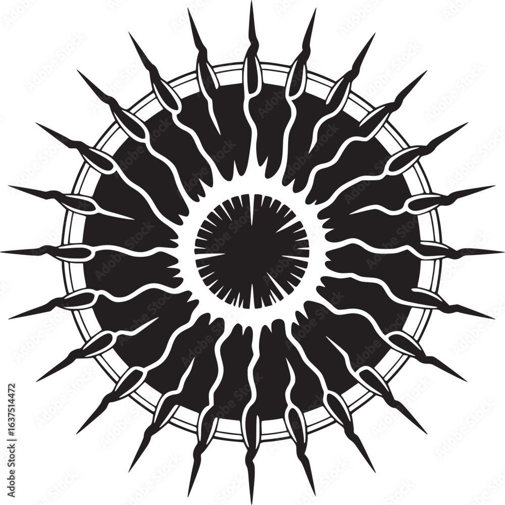 Poster a black and white circular design with radiating spikes and a central dark void on white background