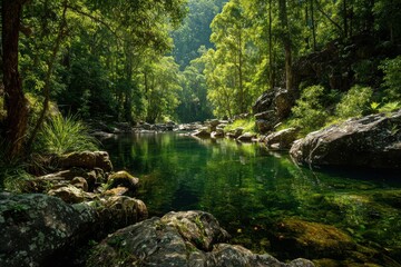 Obraz premium Tranquil riverscapes adorned with vibrant foliage and serene reflections for nature enthusiasts and landscape lovers