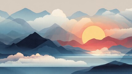 Serene sunset over misty mountain range, calm lake. Peaceful landscape illustration for travel brochures