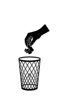 Discarding crumpled paper into a wire mesh trash can with a silhouette hand illustration