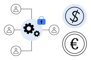 Gear system linked to people icons and blue lock, emphasizing secured collaboration. Dollar and euro coins represent financial transactions. Ideal for teamwork, security, finance, connections
