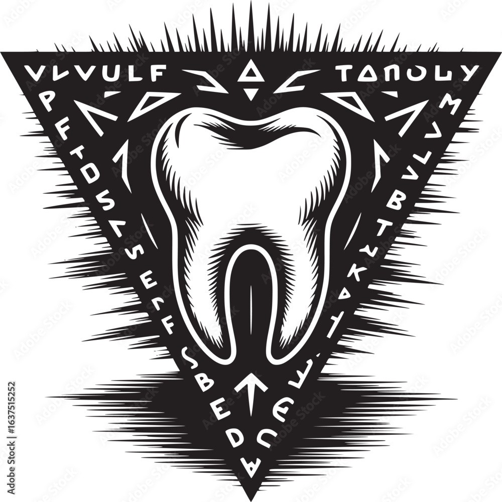 Poster a stylized tooth inside a black triangle with text and spiky edges on a white background