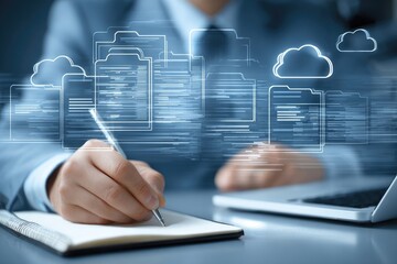 Businessperson writing notes, cloud data files overlay