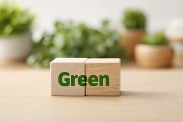 Two light brown wooden blocks.  One block has the word "Green" printed in dark green.  Blurred background of plants in pots