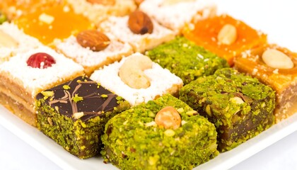 Assortment of Colorful, Delicious Baklava Pieces with Nuts and Pistachios on White Plate