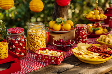 Spanish picnic setup featuring vibrant snacks amidst a green outdoor setting, perfect for a summer getaway in Spain