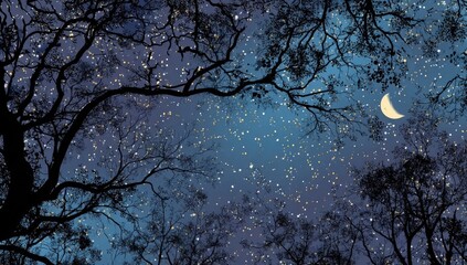 Silhouetted trees against a night sky filled with stars and a crescent moon