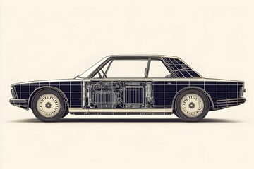 Mobil hitam, Intricate blueprint style rendering of a vintage car showcasing its detailed internal mechanisms.