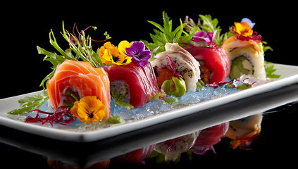 Assorted sushi and sashimi platter with edible flowers and ice salmon tuna