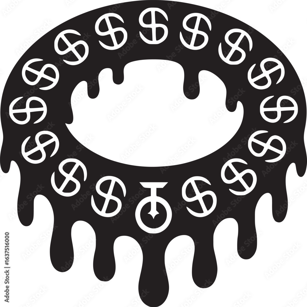 Poster black dripping circle with dollar signs and a unique symbol on a white background design art